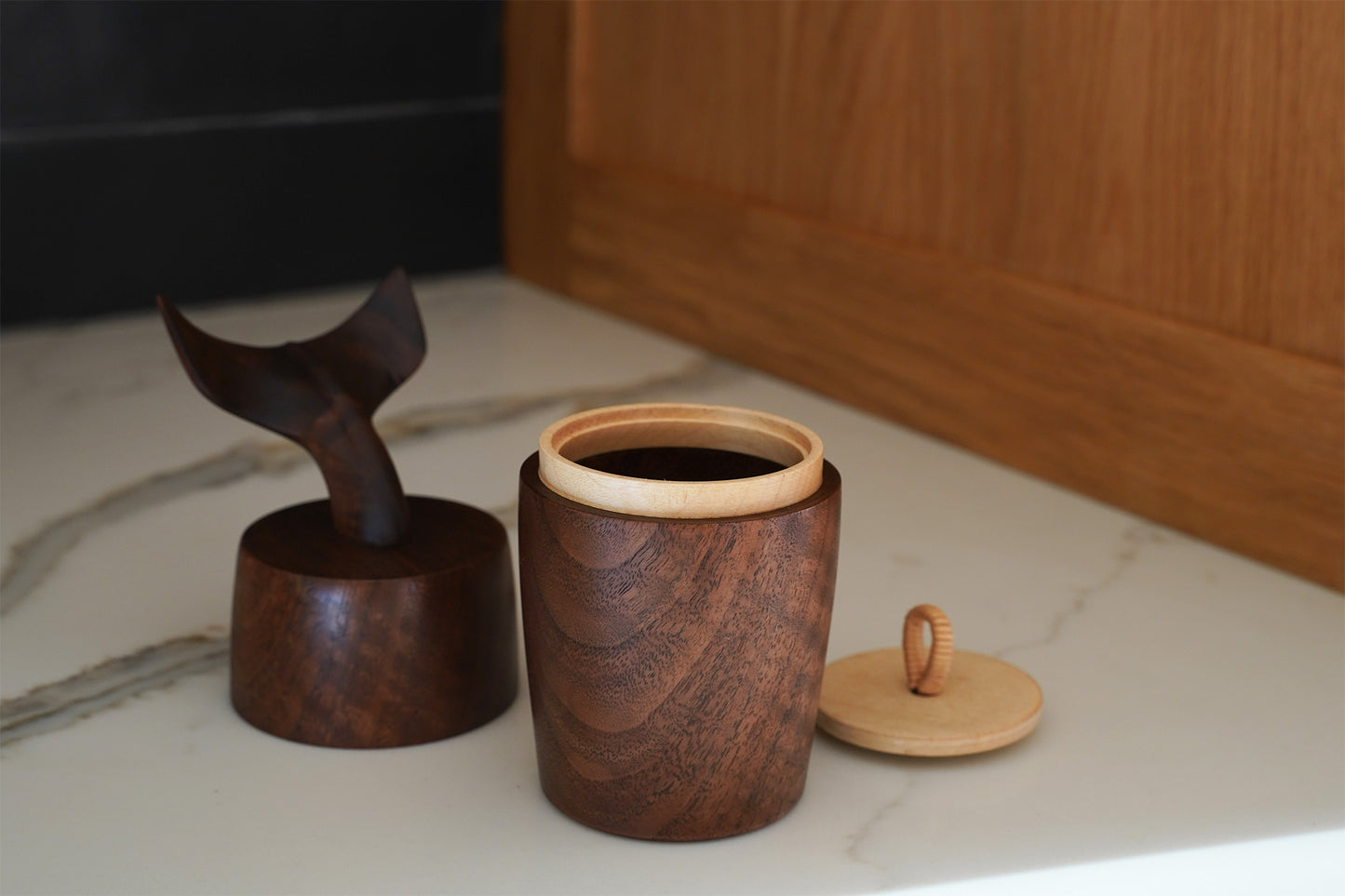 Whale Tail Tea Canister with an Inner Lid and a Woven Knob