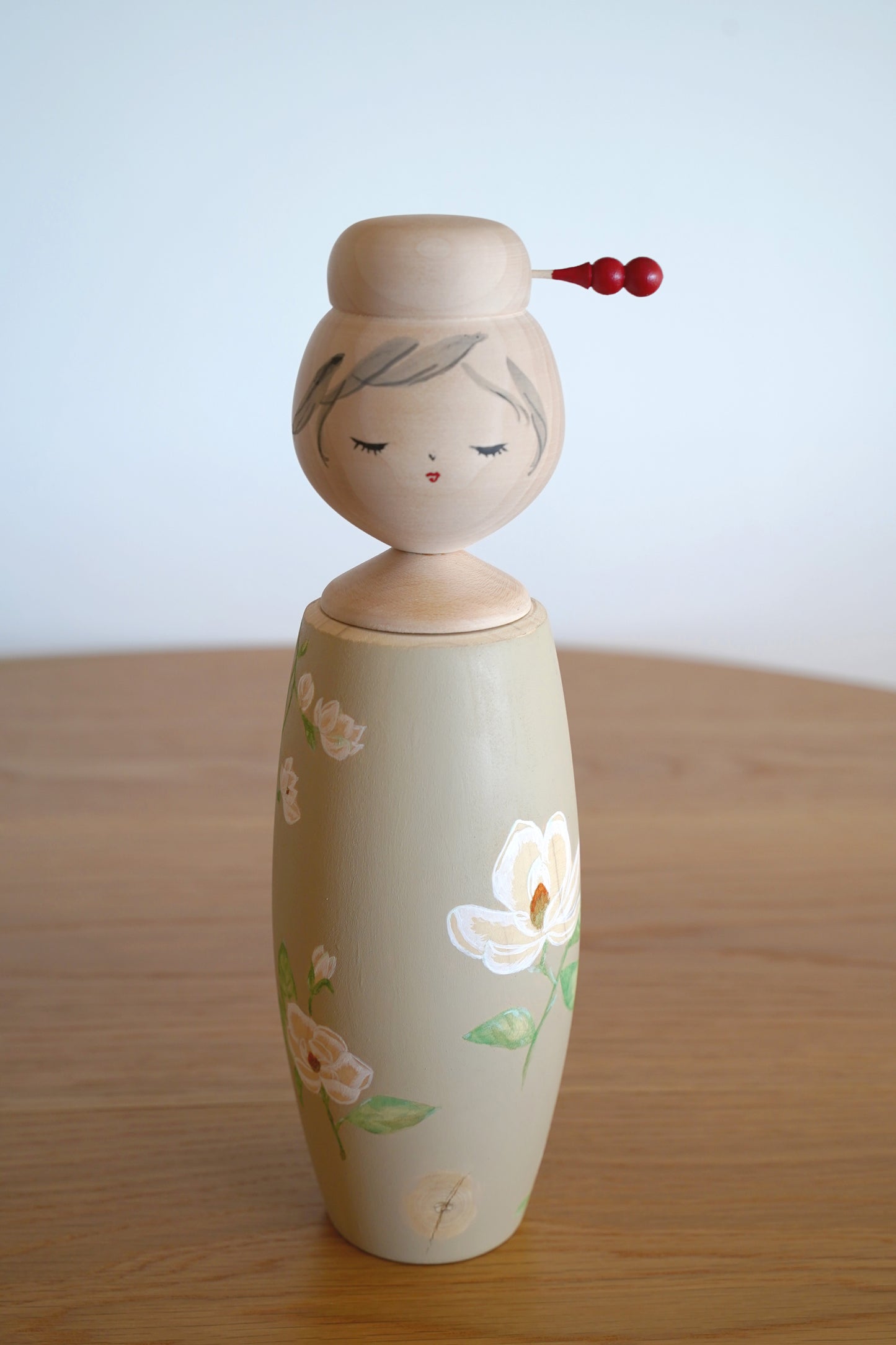 Painted Magnolia Kokeshi Doll with Natural Edge & Ebony Tie