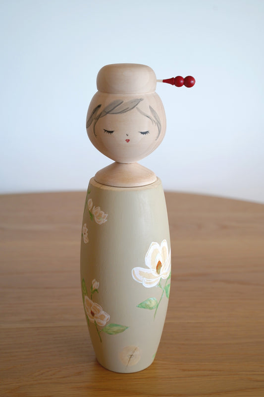 Painted Magnolia Kokeshi Doll with Natural Edge & Ebony Tie