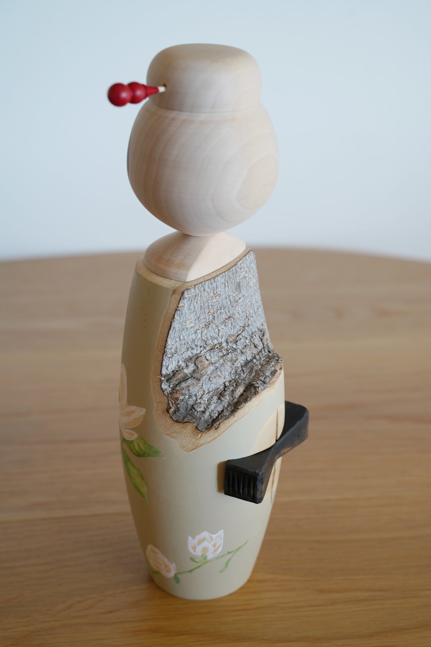 Painted Magnolia Kokeshi Doll with Natural Edge & Ebony Tie