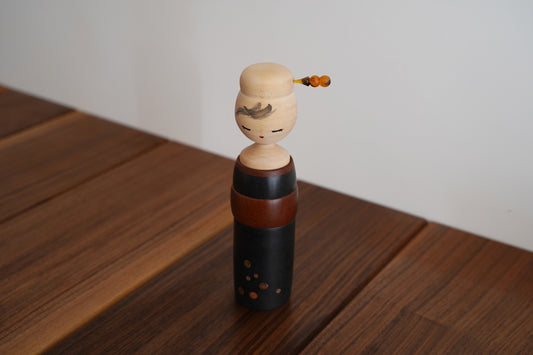 Kokeshi in Black with Rose Branches