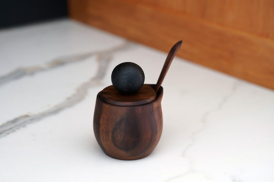 One-of-a-Kind Walnut Salt Cellar with Bog Oak Knob & Walnut Spoon