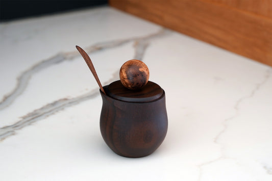 One-of-a-Kind Walnut Salt Cellar with Maple Burl Knob & Walnut Spoon