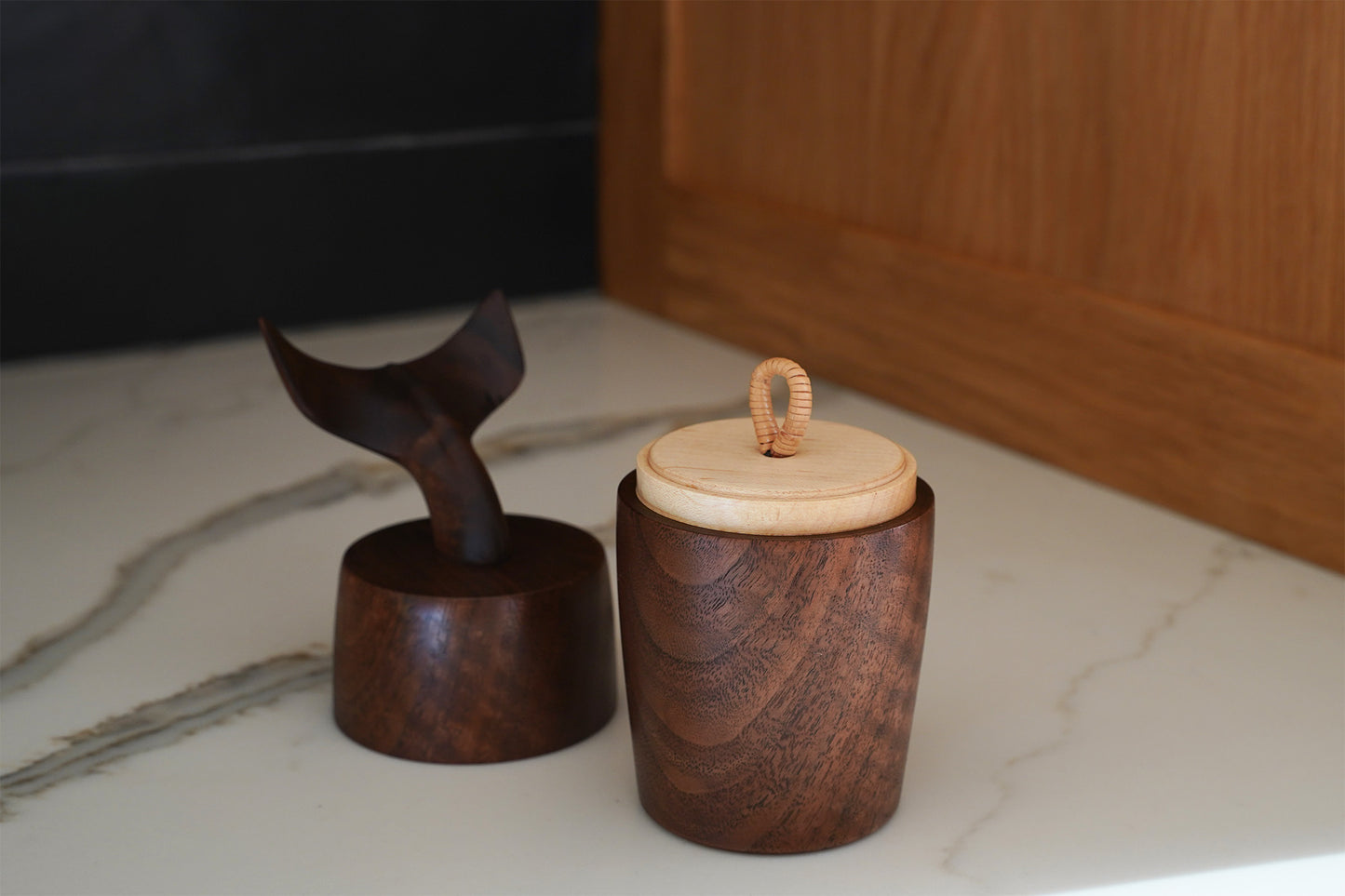 Whale Tail Tea Canister with an Inner Lid and a Woven Knob